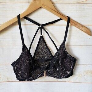 Victoria's Secret Very Sexy Lace Unlined Plunge Underwire Bra 34B Goth Black